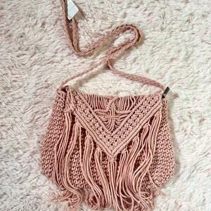 Macrame Lined Fringe Festival Bohemian Indie Natural Lagenlook Crossbody Bag